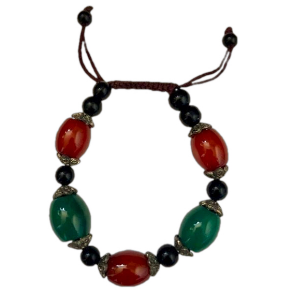 Mediterranean Agate Onyx Silver Tone Rope Bracelet Adjustable Sliding Knot